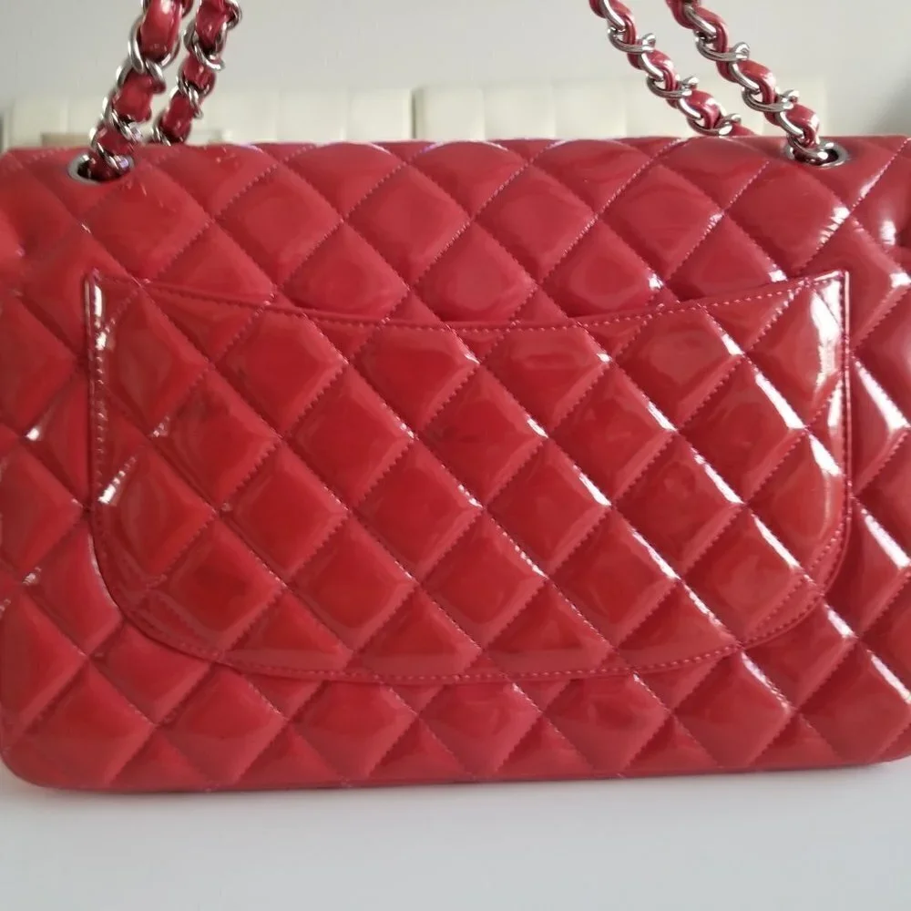 Authentic Chanel Red Patent Leather Jumbo Classic Double Flap Chain Shoulderbag